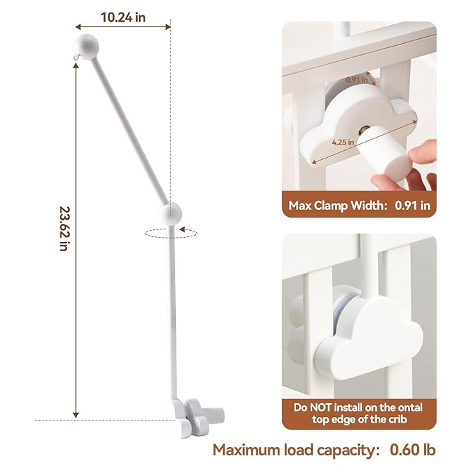 OESSUF Baby Crib Mobile Arm, 24 Inch Wood Hanger, White Cloud Design, Nursery Mobile Holder for Cot Bed (White)