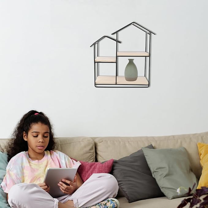 Modern Solid Wood Wall Shelf with Frame House-Shaped Wall-Hanging Storage Rack Stylish and Practical Floating Shelf for Home Kitchen Bedroom Organization