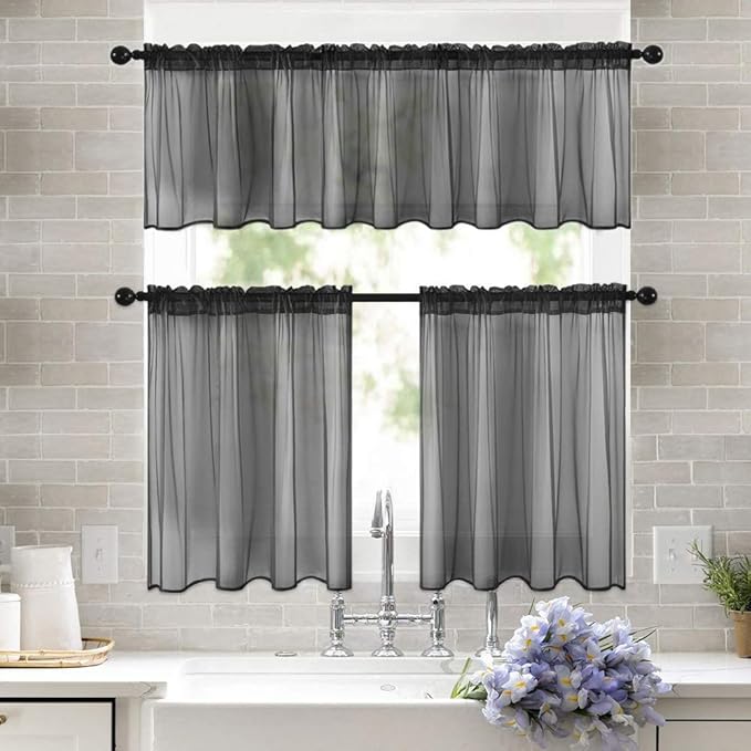 MIULEE 2 Panels Kitchen Tiers Half Window Sheer Halloween Curtains-Rod Pocket Voile Drapes for Kitchen Bathroom-Small Windows 29 by 36 Inch Black