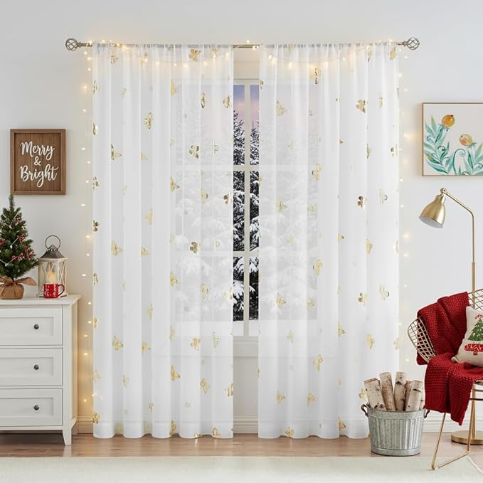 Jubilantex Butterfly White Sheer Curtain Panels for Kids Nursery Girl, Gold Print Toddler Linen Textured Voile Rustic Rod Pocket Drapes 84 Inch for Farmhouse, Living Room, Bedroom, 2 Panels