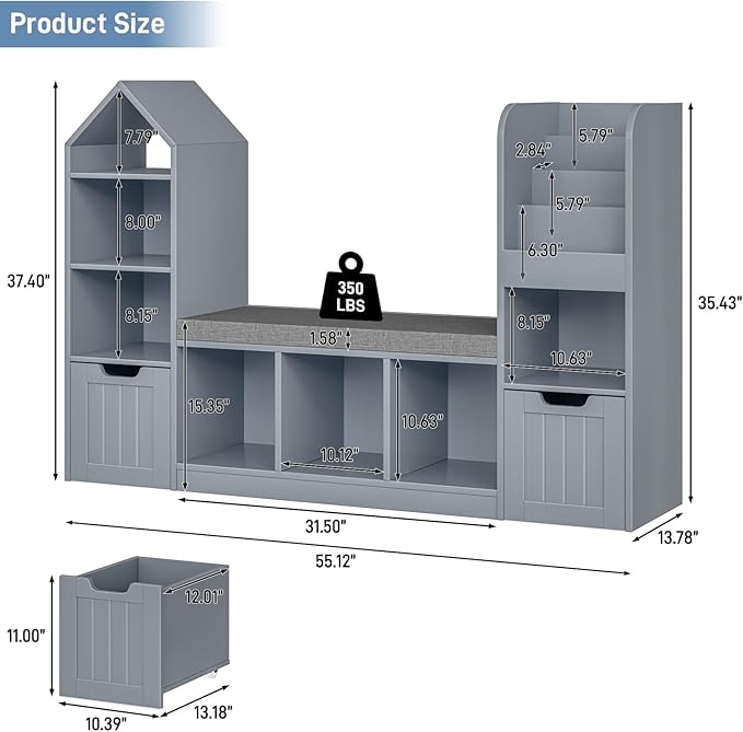 Kids Bookcase with Reading Nook, Bench Kids Bookshelf with 7 Storage Cubbies and 2 Movable Drawers, Multi-Purpose Toy Storage Organizer with Seat Cushion for Playroom, Bedroom, Living Room, Grey