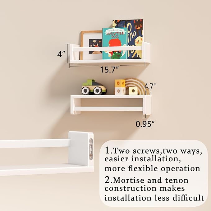 Floating Nursery Book Shelves for Wall, 15.7 Inch Nature Solid Wood Wall Mounted Bookshelf Set of 3, Hanging Bookshelves for Kids Room, Bedroom Nursery Decor and Book Storage (White)