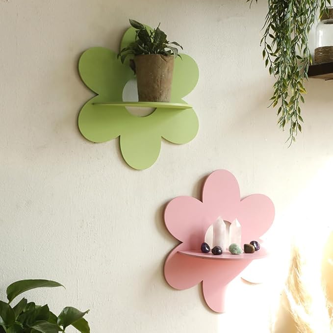 Cute Shelf Pink Floating Shelves, 2Pcs Flower Shaped Green Floating Shelves Display Daisy Decor for Bathroom Livingroom Bedroom Shelves (Pink Green)
