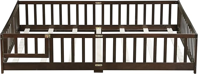 Bellemave Queen Size Floor Bed for Kids, Girls, Boys, Wood Floor Bed with slats and Door, Espresso
