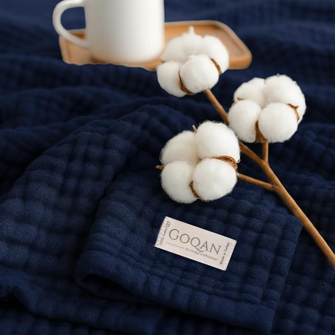 Goqan Muslin Blanket Queen 79x90 – 100% Cotton 4 Layer Boho Muslin Blanket for Adults, Lightweight, Soft, Breathable for Bed, Couch - Navy