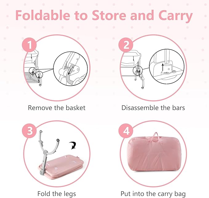 INFANS 3 in 1 Baby Bassinet, Bedside Sleeper, Rocking Cradle, Easy Folding Portable Safer Co-Sleeping Crib with Height Adjustable, Wheels Storage Basket Travel Bag for Infant Newborn (Coral)