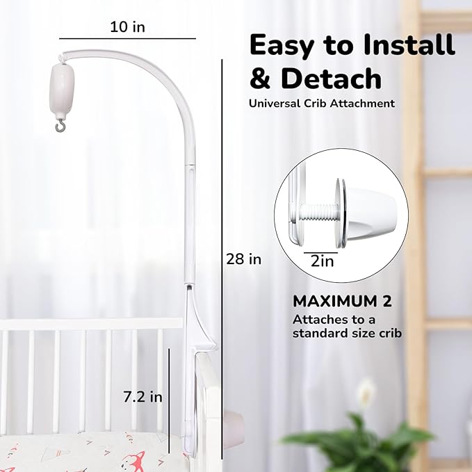 Crib Mobile Arm with Music Box, 28 Inch Baby Mobile Holder for Crib, Mobile Crib Arm, Mobile Hanger, Baby Mobile Motor with 3 Modes, Adjustable Volume, 35 Lullabies