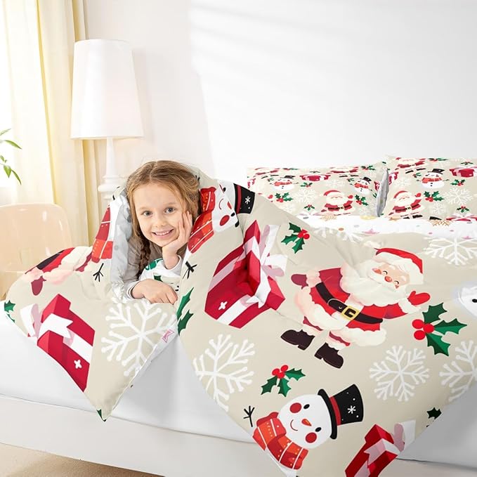 jejeloiu Merry Christmas Comforter Set Full Size Xmas Santa Claus Bedding Set for Kids Boys Girls Cute Snowman Duvet Quilt Beige Bedroom Decor