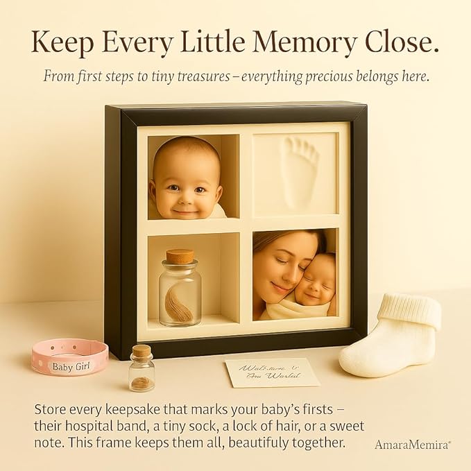 Baby Handprint or Footprint Kit – 4-Grid Clay Keepsake Frame with Baby Photo Display – Newborn Nursery Gift for New Moms, Baby Shower & First Memories