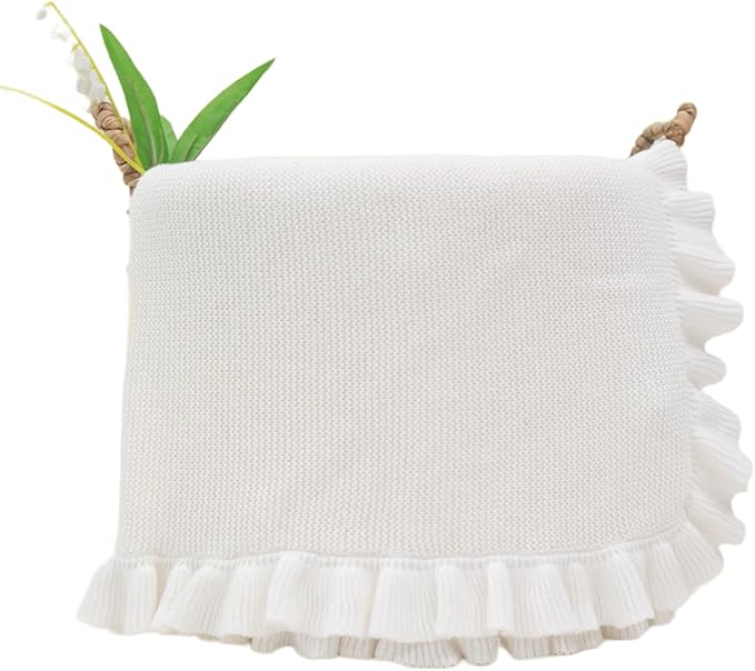 Cotton Baby Blanket with Ruffle Edge Soft Breathable Newborn Blanket for Boys & Girls, Lightweight Knit Throw for Crib, Stroller & Nursery Multiple Colors Available White 28x36