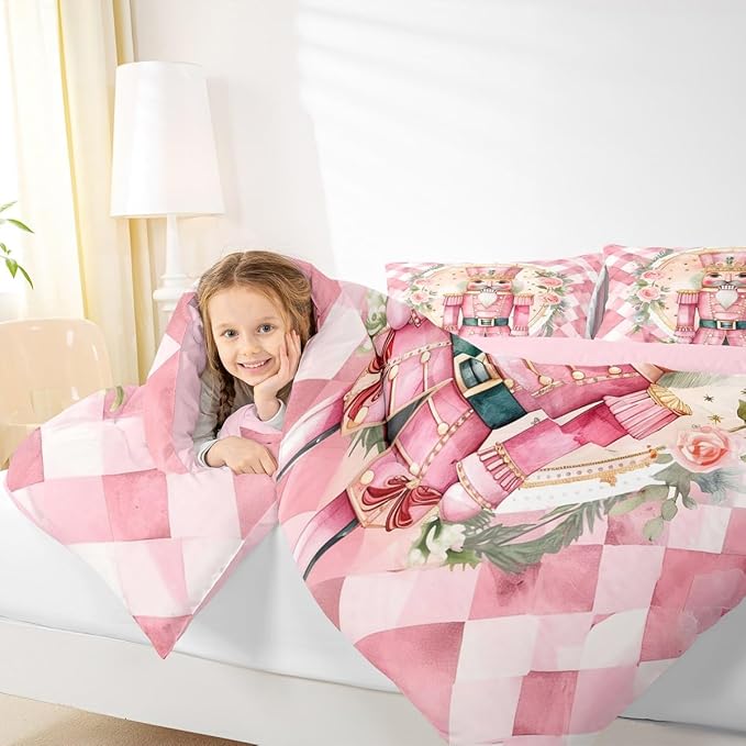 Feelyou Christmas Comforter Set All Season Pink Nutcrackers Bedding Set with 2 Pillow Cases Rose Kids Queen Bedclothes Floral Bedroom Decor Funny Nutcracker Duvet Quilt Breathable Soft Lightweight