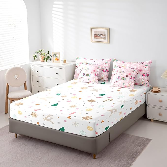 Christmas Kids Bedding Set Cartoon Snowman Gingerbread Man Comforter Set with Sheets for Boys Girls Christmas Tree Decor Bed in a Bag Pink Xmas Theme Bed Set 7Pcs Queen Size