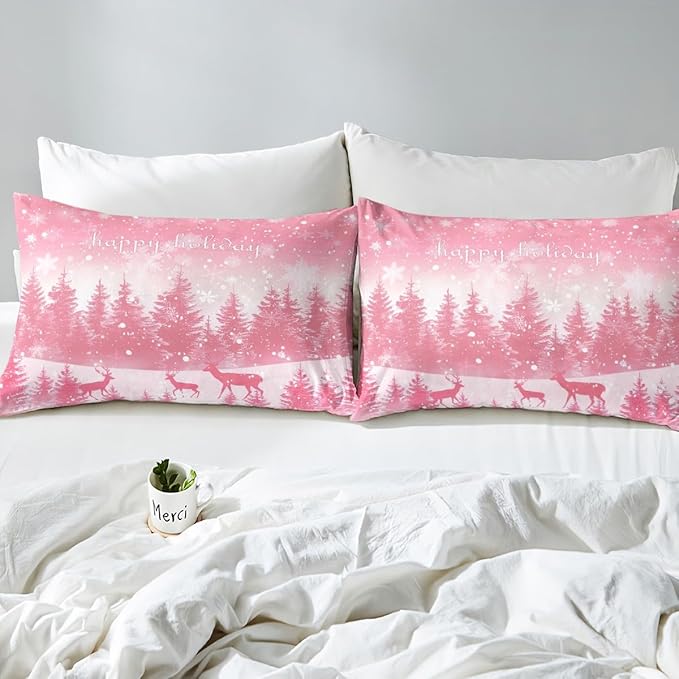 Manfei Pink Glitter Duvet Cover Set King Size, Xmas Trees Deers Snowflakes Print Bedding Set 3pcs for Kids Girls Teens Bedroom Decor, Christmas Theme Comforter Cover with 2 Pillowcases,No Comforter