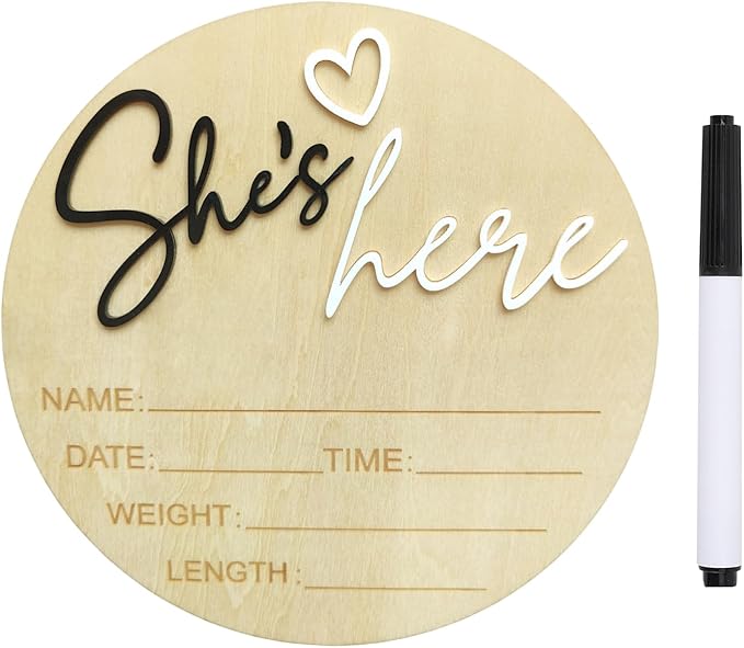 Baby Announcement Sign, 5.9 Inch Wooden Hello World Newborn Signs, Birth Announcement Sign, Gender Reveal Signs, She's here Decoration, Welcome Newborn Arrival To World, Hospital Nursery for Baby (Black She's)