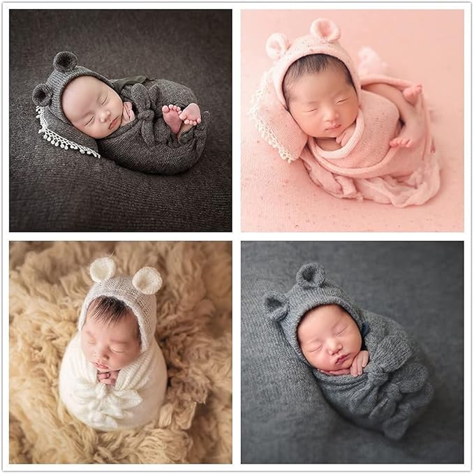 Vemonllas Newborn Baby Boy Girl Photography Props Bow Wrap, Posing Aid, Hat and Blanket Set of 4 Pcs