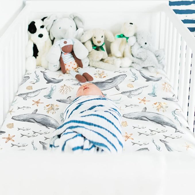 GRSSDER Stretchy Ultra Soft Jersey Knit Fitted Crib Sheets Set 2 Pack, Fit All Standard Crib Mattresses Safe and Snug, Beautiful Marine Organism for Boys and Girls