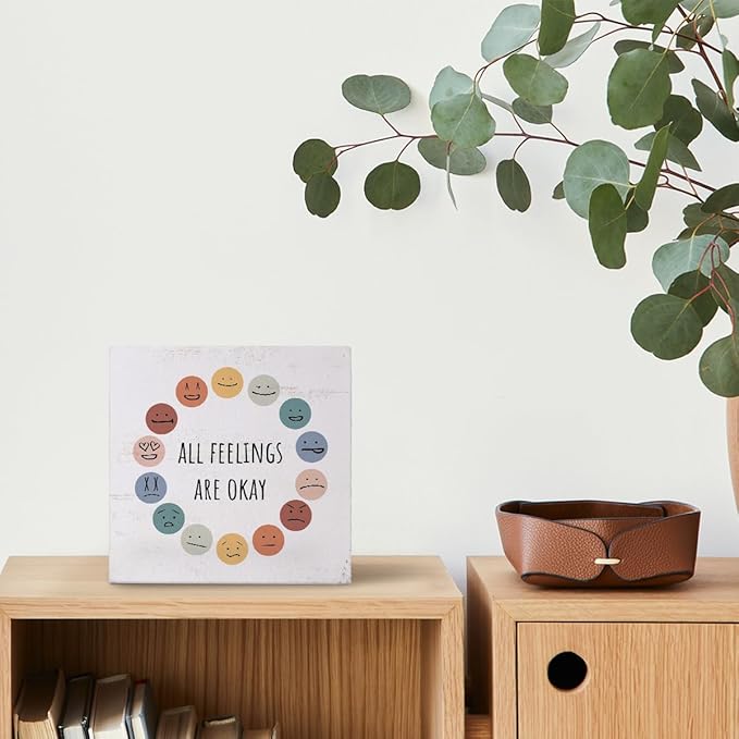 Mtrgdn Inspirational Desk Decor Gifts for Women Coworker,Motivational Quotes Wooden Plaque Sign Home Table Office Desk Shelf Decor,Christmas Birthday Gifts,All Feelings are Okay Wooden Box Sign,5x5 Inch