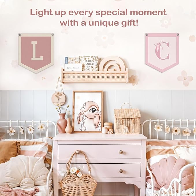 Lacama Baby Shower Decor Gifts, Pink Initial Personalized Preppy Banner, Baby Girl Nursery Decor, Initial Pennant，Vintage Room Decor Toddler Room Bedroom Playroom Front Door Birthday Gift(L)