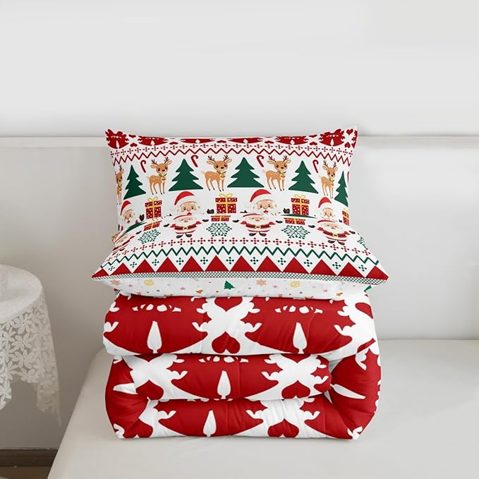 Feelyou Merry Christmas Comforter Set Twin Size Santa Claus Bedding Set for Kids Boys Girls Cute Deer Duvet Quilt Snowflake Bedroom Decor Microfiber 2 Pcs with 1 Pillow Cases