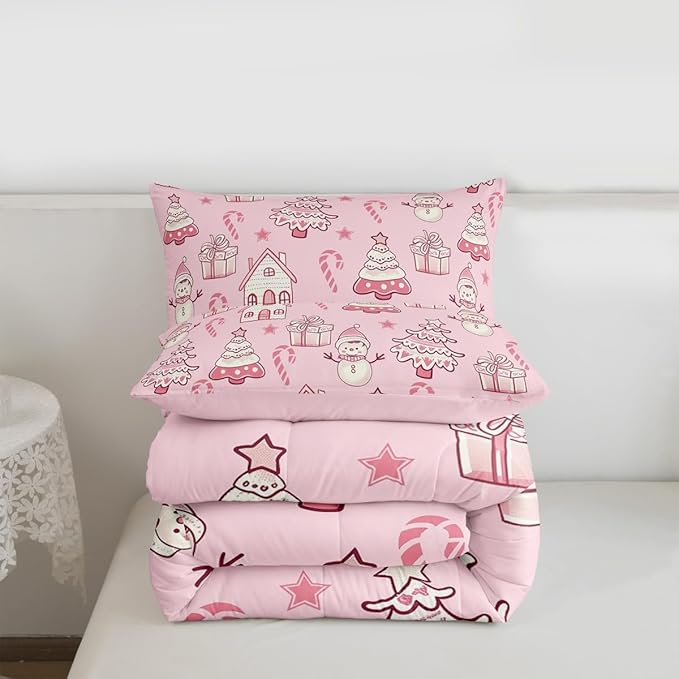 Feelyou Pink Christmas Comforter Set Toddler Size Xmas Tree Snowman Bedding Set for Kids Boys Girls Star Gift Duvet Quilt Candy Cane Bedroom Decor Microfiber 2 Pcs with 1 Pillow Cases