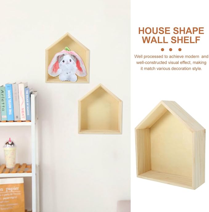 Cabilock Wooden Wall-Mounted Floating Shelf Pentagonal Display Rack for Bedroom Storage and Decor Medium Natural Wood House-Shaped Shelf for Books and Living Spaces
