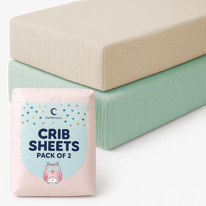 Crib Mattress Sheet Set of 2 Green & Beige, Premium Muslin Cotton, 52x28x9 Fitted Crib Sheets Snugly, Breathable & Soft for Safe Sleep, Stays Smooth After Wash