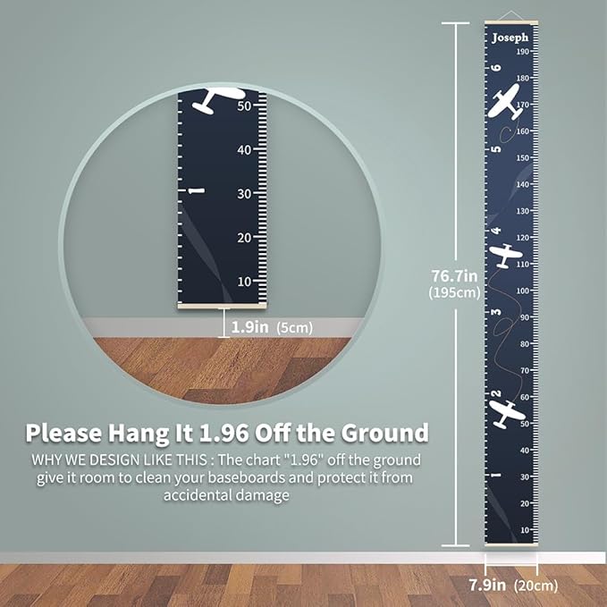 Personalized Growth Chart for Kids, Baby Height Chart with Custom Name, 77"x7.9" Canvas and Black Wood Height Measuring Rulers for Boys Girls Removable Wall Ruler Hanging for Nursery Decor - Plane