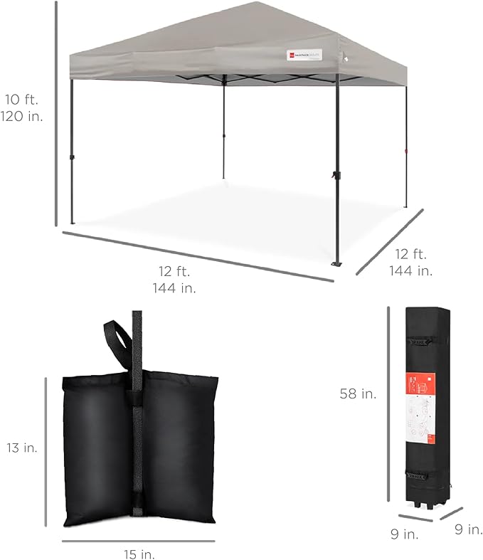Best Choice Products 12x12ft 1-Person Setup Pop Up Canopy Tent Instant Portable Shelter w/ 1-Button Push, Case, 4 Weight Bags - Light Gray