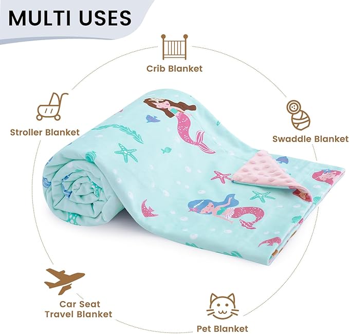 david's kids Micro Fleece Minky Baby Blanket for Girls with Double Layer and Soothing Raised Dots, Breathable and Soft Lightweight Receiving Blanket for Newborns, 30x40 Inches, Mermaid