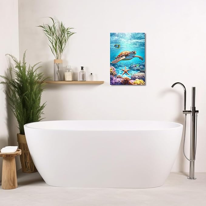 AWPANERAR Sea Turtle Wall Art Bathroom Pictures Watercolor Sea Life Canvas Prints Ocean Animal Poster Nautical Theme Artwork for Kids Room Nursery Decor Framed (Green, (42L x 28W))