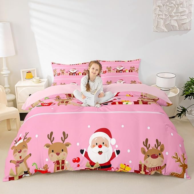 Christmas Bedding Duvet Cover Set Kids Cartoon Santa Claus Bedding Set Boys Girls Deer New Year Decor Comforter Cover Set Microfiber Gift Boxes Xmas Theme Bedspread Cover Bedroom Bedclothes Twin Size