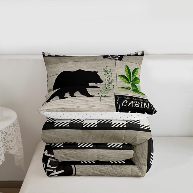 Bear Silhouette Kids Comforter Set Full Size,Leaves Wooden Plank Bedding,Girls Boys Adults Bedroom/Xmas Cabin Decor,Geometric Grids Retro Down Comforter,Rustic Farmhouse Duvet Insert,2 Pillowcases