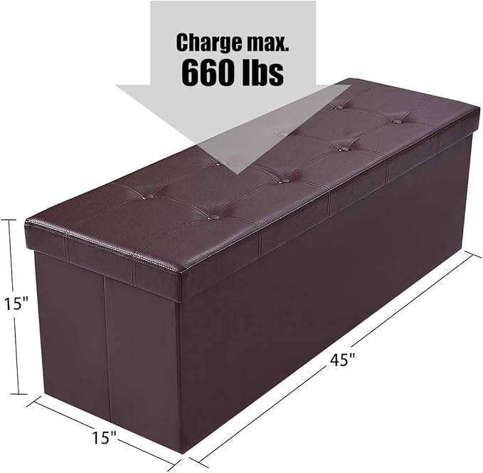 Safeplus Folding Storage Ottoman Bench, 45" Large Ottoman Space-Saving Bench,Faux Leather Storage Chest with Memory Foam,Footrest Padded Stool Seat for Bedroom Toy Chest, Brown,Leather
