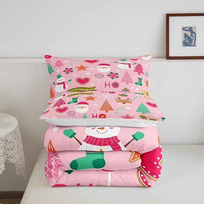 Merry Christmas Kids Comforter Set King Size,Cute Santa Claus Snowman Deer Bedding Set,Boys Girls Adults Room Decor,Snowflake Christmas Trees Down Comforter,Pink Xmas Duvet Insert,2 Pillowcases