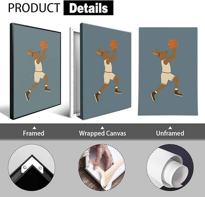 Basketball Canvas Wall Art, Nursery Animal Sports Posters, Bunny Rabbit Athletes Pictures, Positive Quote Print, Kids Bedroom Basketball Court & Hoop Decor 12x16in Unframed
