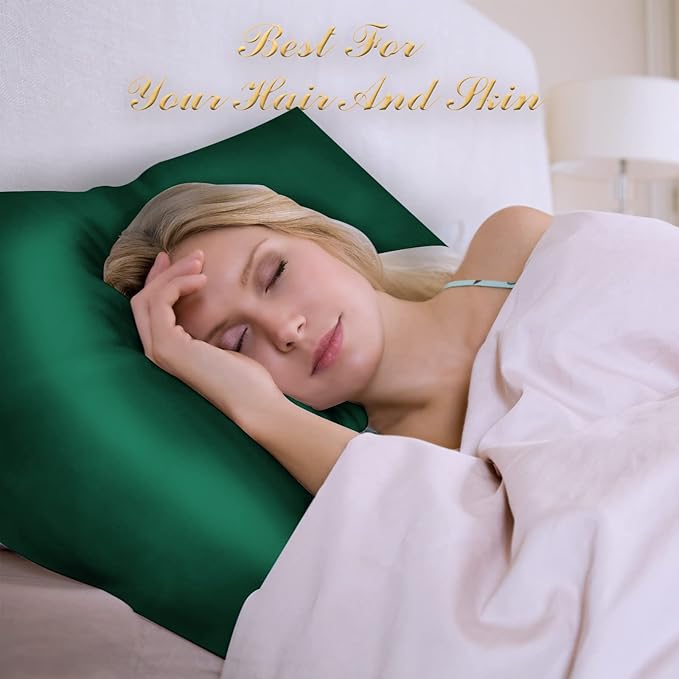 100% Mulberry Silk Pillowcase 2 Pack for Hair and Skin,with Hidden Zipper,Both Sides 22 Momme Natural Silk Pillow Cover,Soft Breathable & Smooth (Dark Green, King)