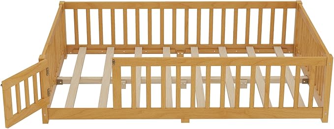Bellemave Full Size Floor Bed Frame with Fence and Door for Kids, Montessori Floor Bed with Slats and Safety Guardrails,Solid Wood Full Bed Frame for Girls Boys,Natural