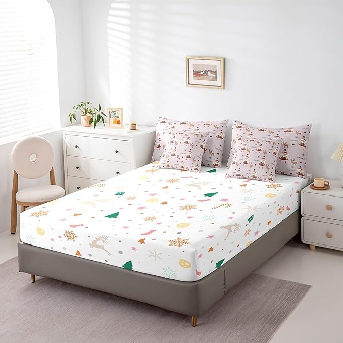 Santa Claus Bed Set Christmas Deer Bed in a Bag for Kids Boys Girls Winter Snowflake Comforter Set with Sheets Merry Christmas Khaki Bedding Set Bedroom Collection Queen Size