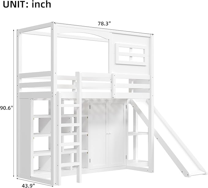 Playhouse Style Loft Bed Twin Size with Slide and Ladder, Solid Wood Loft Bed Frame with Wardrobe and Storage Shelves for Kids Teens, Maximize Space