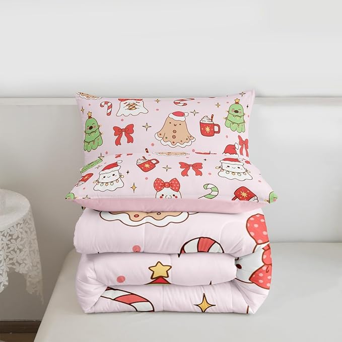 Feelyou Christmas Bedding Set Soft for Boys Girls, Cute Bow Comforter Set Queen Size Cute Ghost Duvet Quilt Microfiber Coquette Bow Knot Bedroom Decor Candy Print 3 Pcs with 2 Pillow Cases