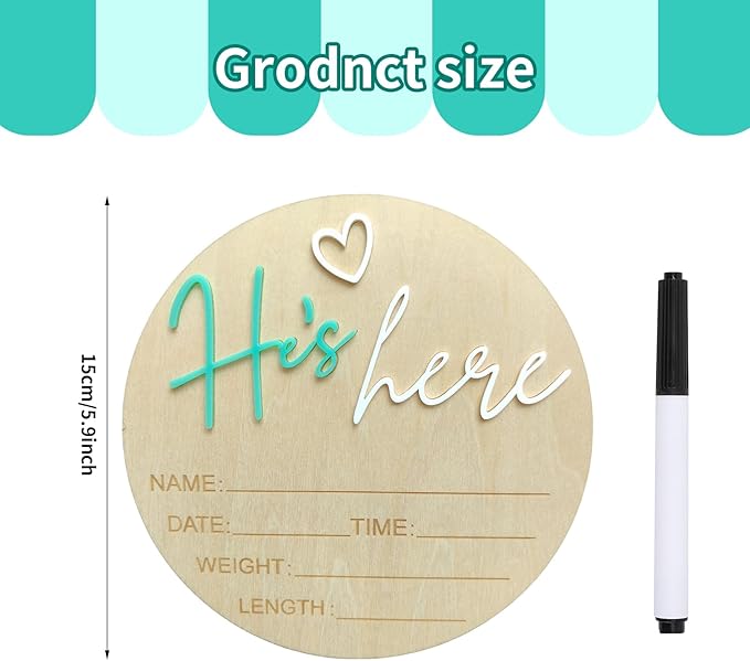 Baby Announcement Sign, 5.9 Inch Wooden Hello World Newborn Signs, Birth Announcement Sign, Gender Reveal Signs, He's here Decoration, Welcome Newborn Arrival To World, Hospital Nursery for Baby (Green He's)