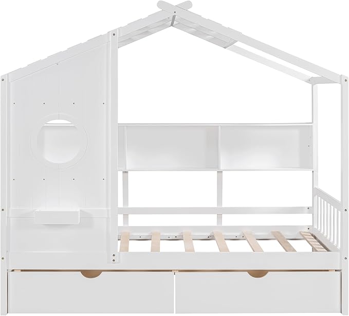 Merax Wood Multifunctional Daybed with Drawers/Storage Shelf, House Low Day Bed for Kids, Space Saving, Easy Assemble White