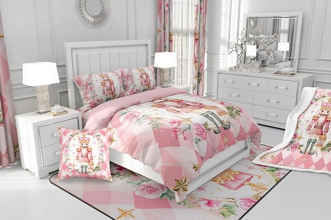 Feelyou Christmas Comforter Set Queen Size Pink Nutcrackers Bedding Set for Kids Boys Girls Floral Duvet Quilt Funny Nutcracker Bedroom Decor Rose Microfiber 3 Pcs with 2 Pillow Cases