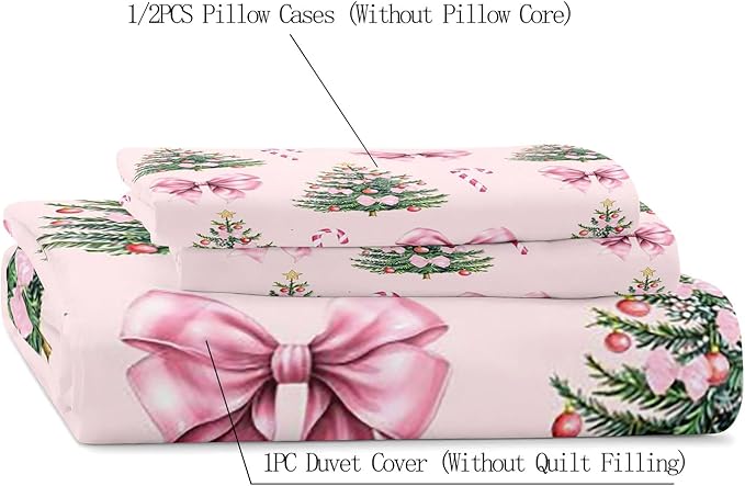 LUVIVIHOME 3PCS Pink Bow Christmas Tree Duvet Cover Queen Bedding Sets, Teen Girls Bedding, Xmas Tree Candy Cane Winter Holiday Christmas Comforter Cover, Coquette Room Decor Aesthetic, 2 Pillow Shams