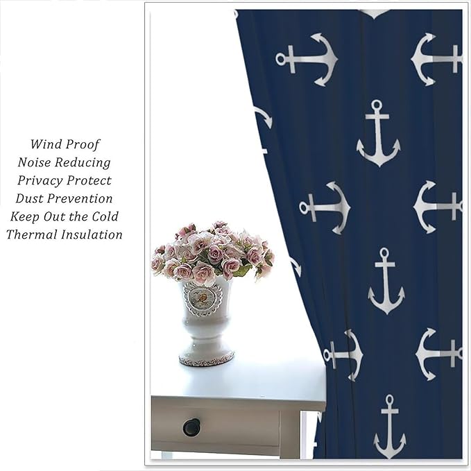 Nautical Curtains,MarineThemed Oceanic Anchor Pattern Blackout Print Home Bedroom Living Room Window Treatments 2 Panel Set 42x45 Inch