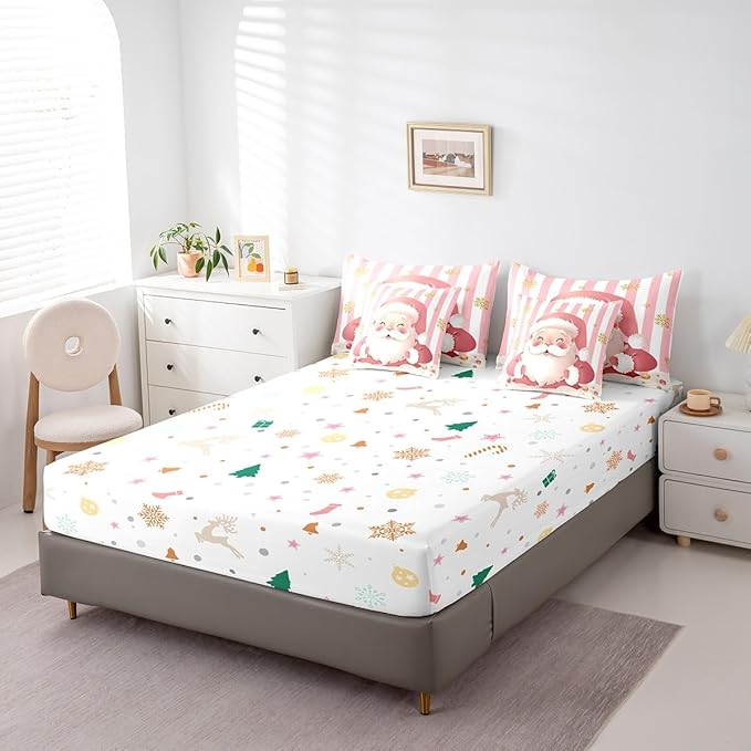 Feelyou Merry Christmas Decorations Queen Size Bed Set Santa Claus Bed in a Bag Pink Bedding Set Soft Warm Lightweight Comforter Set with Sheets