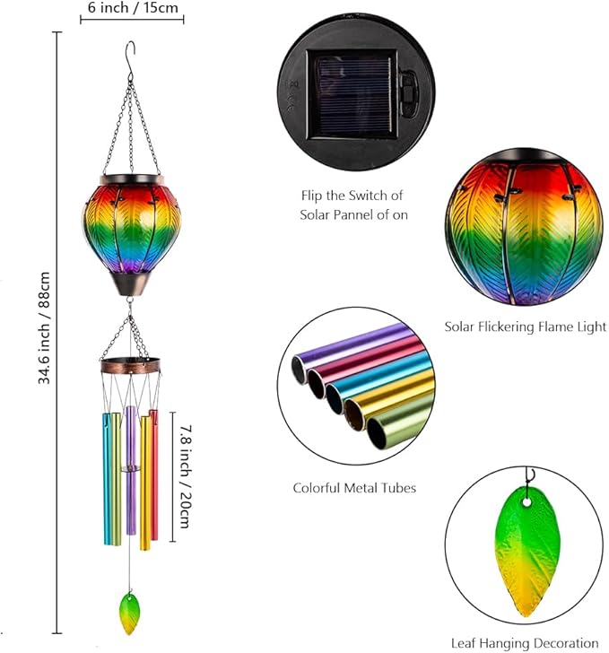 Starsoul Solar Wind Chimes for Outside, Flickering Flame Light Glass Solar Hot Air Balloon Wind Chimes, Outdoor Garden Windchimes Gift for Mothers Day, Christmas, Women, Grandma