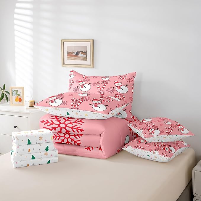 Christmas Kids Bedding Set Cartoon Snowman Comforter Set with Sheets for Boys Girls Snowflake New Year Decor Bed in a Bag Pink Xmas Theme Bed Set 7Pcs Queen Size