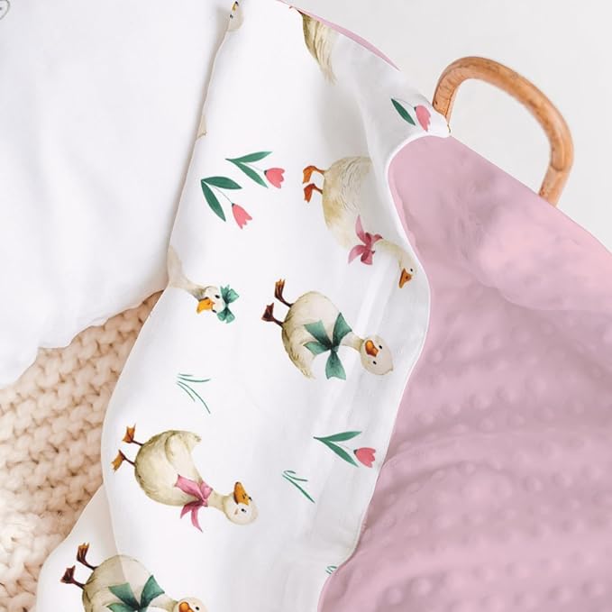 HawSkgFub Goose Pink Bow Ribbon Mink Baby Blankets with Dotted Backing Girls Shower Gift, Farm Animal Tulip Flower Double Layer Nursery Swaddle, Soft Newborn Infant Toddler Bed Crib Bedding 30 x 40