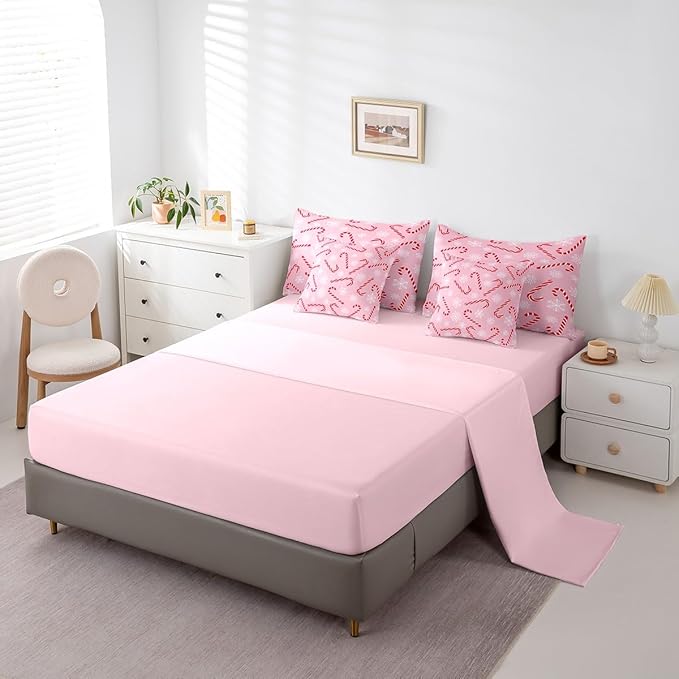 Erosebridal Xmas Candy Cane Full Bedding Set 7 Piece,Merry Christmas Bed in A Bag for Kids Boys Girls,White Snowflake Comforter Set Pink Christmas Ornaments Sheet Set with Comforter